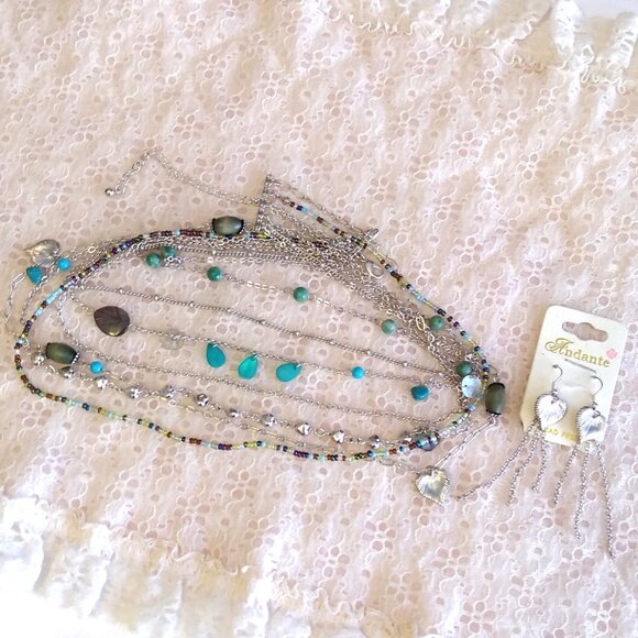 Vintage NEW Andante Handmade 7 Strand Teal Blue Beads Silver Necklace & Earrings - Picture 8 of 9